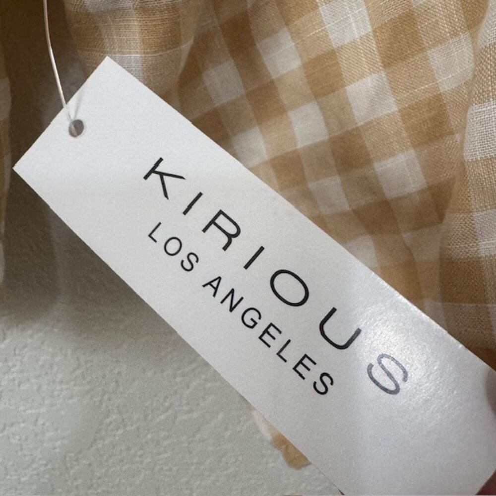 Kirious Gingham Crop Top Women Small Tan White Tie Front Smocked Puff Sleeve - Picture 6 of 7
